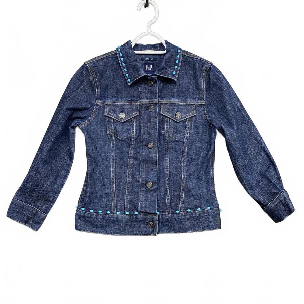 Vintage Y2K Gap Stretch Denim Jacket XS Beaded Turquoise Collar Floral Back Boho